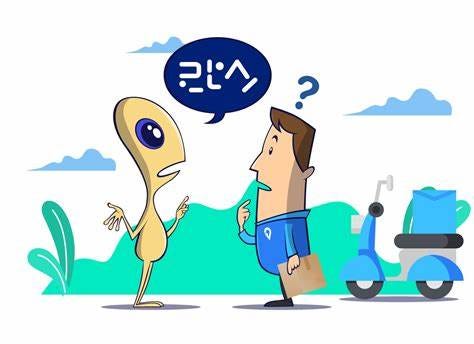 An alien asking something from a man with “?” over his head.