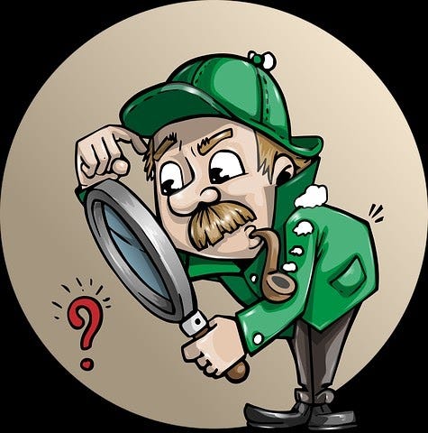 Graphics of a man in Green cap and green overcoat trying to find something through the magnifying glass.