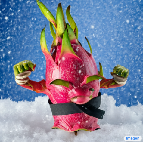 ‘A dragon fruit wearing a karate belt in the snow.’ (Imagen)