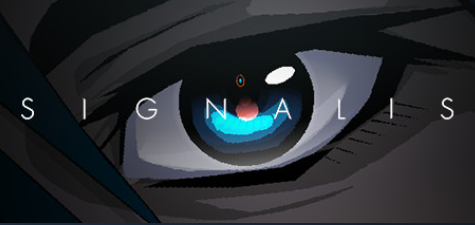 Cover art for Signalis. It’s ELSTER’s eye, blue and red colors reflected among the black pupil. The title is displayed across the screen in white text with significant spacing in the lettering.