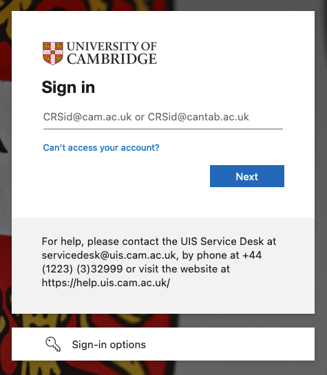 Screen capture of Cambridge Univeristy login screen.