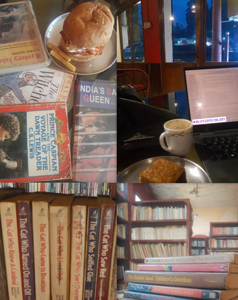 A collage of 4 images taken at Willys Coffee Pub featuring-Top left: 4 books (India’s Bandit Queen, The Witches, Prince Caspian). Bottom left: a shelf of books full of the “The Cat Who” mystery series. Bottom right: a stack of books from authors including C.S Lewis, Enid Blyton, Ruskin Bond. Top right: a piece of cake and cup of coffee next to a laptop and in the background a dark blue night sky and lights can be seen.