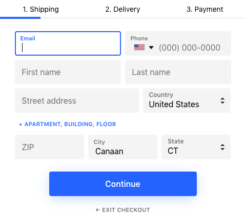 Shopping cart checkout form requiring delivery address to be filled out.