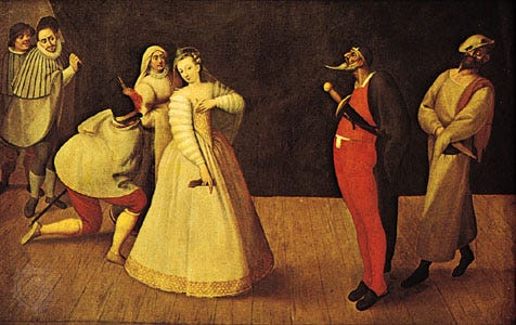 A painting of a 17th century commedia troupe, including a woman without a mask in a white dress and a man in red wearing a mask with a pointed chin