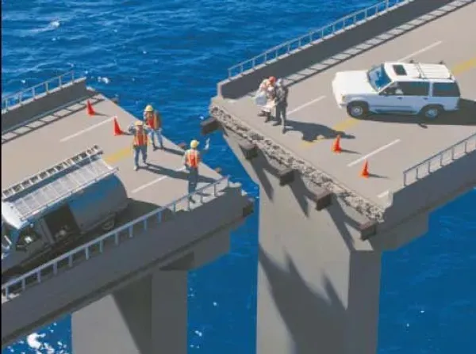 image description: bridge trying to meet in the middle, builders are panicking, vehicles on bridge