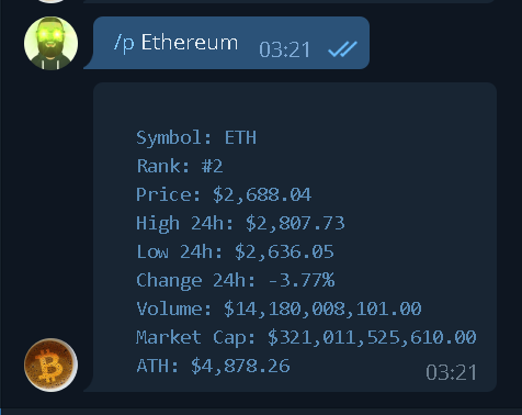 Telegram message fetching Ethereums price and metrics