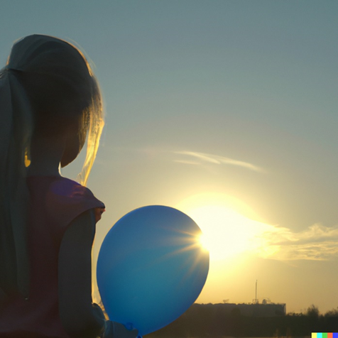 An AI generated image of a little girl looking at a sunset holding a blue balloon made with Dall-E