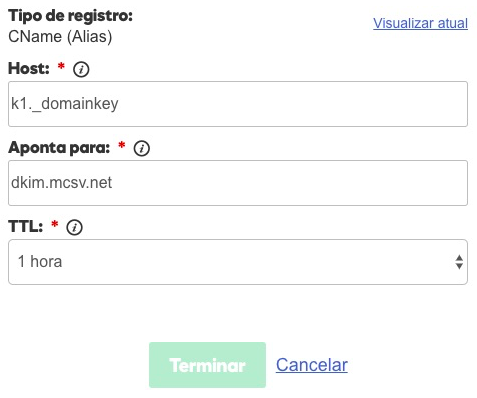 Exemplo de como fica a configuração de DNS no GoDaddy com os dados de DKIM do MailChimp