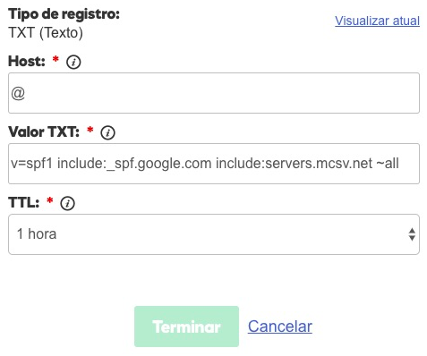 Exemplo de como fica a configuração de DNS no GoDaddy com os dados de SPF do MailChimp