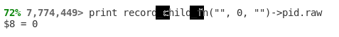 Screenshot of printing the PID of the recorded child process, as evaluated in the source code. It has the value 0.