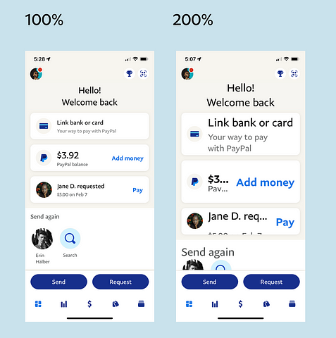 Screenshot of a PayPal app screen comparing default text size to 200% sizes.