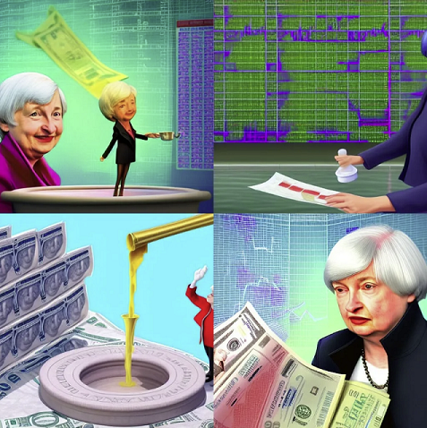 Janet Yellen pouring dollars in a pool