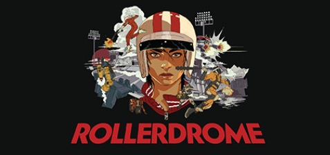 The cover art for Rollerdrome. A black background with Kara’s head floating in the middle, wearing a helmet, surrounded by the flury of activity encountered in the game; enemies, explosions. The title is below her in red lettering.