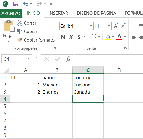 Example excel data