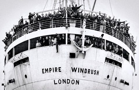 The bow of the ship Empire Windrush arriving at Tilbury docks