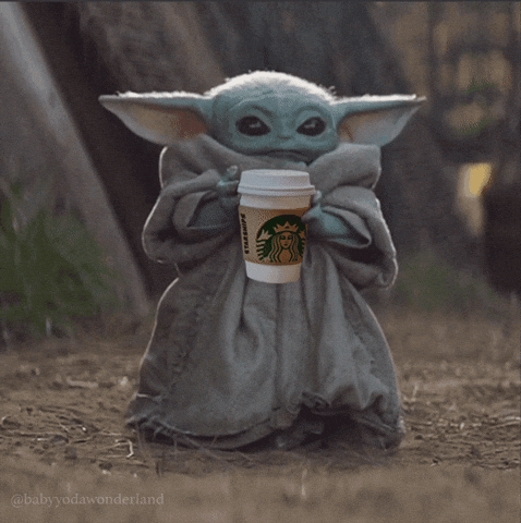 GIF of Baby Yoda drinking coffee