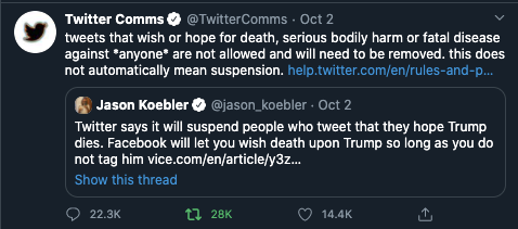 The @TwitterComms tweet has 22.3K comments, 28K retweets, and 14.4K likes as of 9:32PM EST 10–3–20