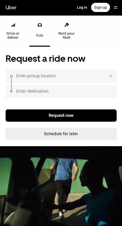 The image shows a screenshot of the Uber website mobile. The bottom of the screen shows the following options: Log in: This option allows users to log in to their Uber account.  Sign up: This option allows users to create a new Uber account. Drive or deliver: This option allows users to sign up to become an Uber driver or delivery partner. Ride: This option allows users to request a ride. Rent your fleet: This option allows businesses to rent Uber cars for their employees.