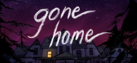 The cover art for Gone Home. A drawing of a house with dusk in the background, the sky a dark purple. One light is on in the home. Overlayed is the title in chalk writing, all lowercase.