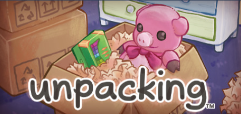 Cover art for Unpacking. A stuffed pig with a bowtie in a box with packaging inside, accompanied by a half buried pack of markers. The title is overlayed, black text with a white boarder, all in lowercase.