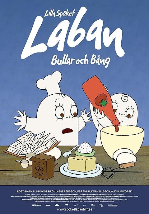 A colorful poster for “Lilla Spöket Laban: Bullar och Bång,” featuring Laban, the white ghost, and his sibling, who looks startled while holding a baking spatula. They are surrounded by ingredients and kitchen tools, with an open cookbook, suggesting they are in the midst of a fun but possibly chaotic baking session. The text at the bottom credits the voice actors and crew, and the website at the bottom suggests that this is promotional material for a film or series related to the Little Ghost L