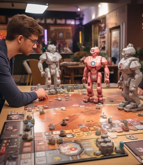 Man plays board game with robots.