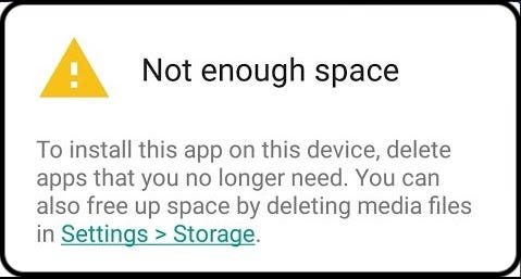 pop-up warning that there isn’t enough space to install the app on your device