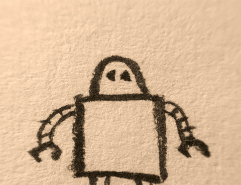 Kid’s crayon on paper robot jumping up and down.