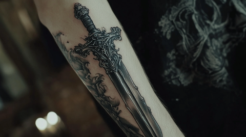 Intricate sword tattoo with no shading on the forearm.