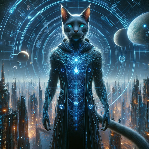 An image of an evolved techno-cat wizard, humanoid in posture, with dark fur, standing in a futuristic cityscape, generated by Farmer Josh with OpenAI’s DALL·E