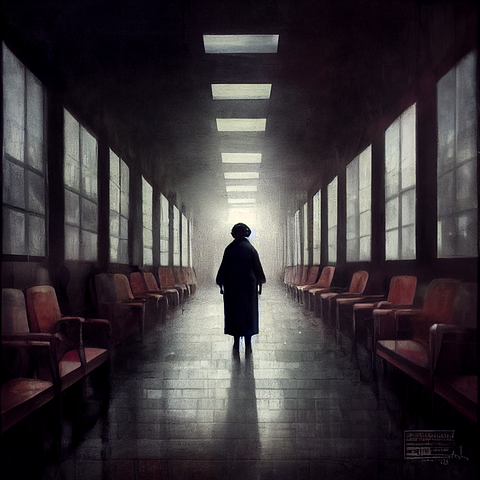 A little old lady in the centre of a gloomy bureaucratic corridor.