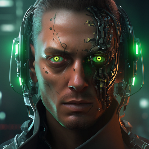 a cyborg’s face, a human face with green glowing eyes and metallic implants