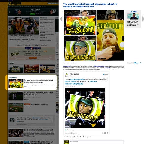 I'm on the front page of the Oakland Athletics homepage again!