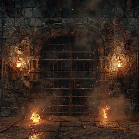 A smoky, flaming dungeon gate