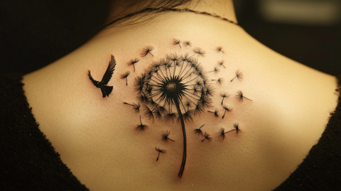 Detailed dandelion tattoo with seeds transforming into birds, representing transformation and hope.