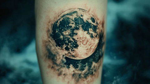 Close-up of a full moon tattoo with craters and shadows, beautifully inked on the forearm.