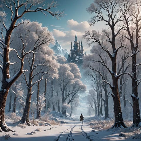 a winter scene with a path leading to a castle in the distance