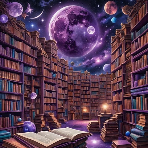 A lunar library with floor to ceiling books and a purple moon and planets peeking in through the open ceiling.