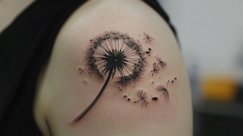 Black and white dandelion tattoo design featuring delicate seeds blowing away in the wind.