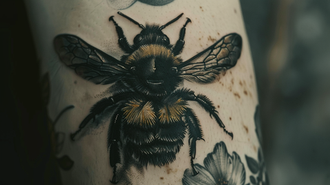 A small bumble bee tattoo featuring a realistic depiction of the insect.