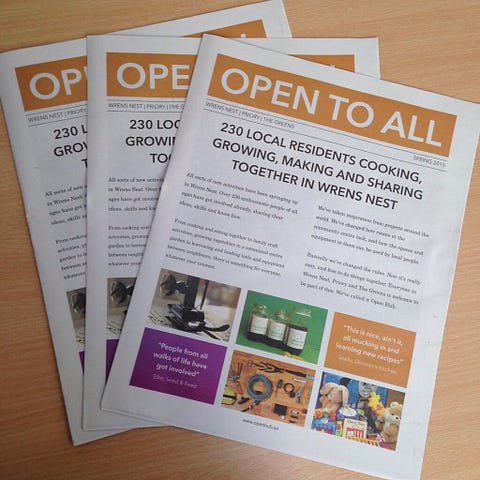 Photo of copies of ‘Open to All’, a newspaper circulated in and around Wrens Nest in relation to Open Hub 