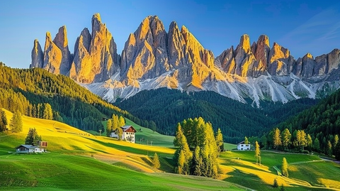 Majestic Dolomite Mountain range with snow-capped peaks and lush green valleys.