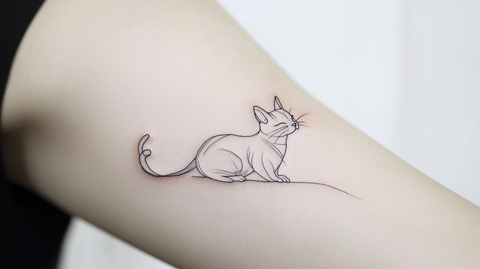 Minimalist cat outline tattoo design featuring a sleek, continuous line.