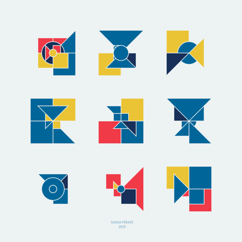 Various geometric shapes formed in to a grid composition in the two shades of blue, yellow, and red.