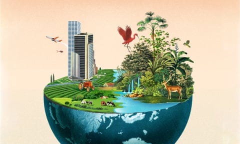 The image features a stylized depiction of Earth, cut in half to reveal a cross-section. The top of the hemisphere presents a blend of urban and natural environments. Skyscrapers stand tall alongside lush greenery, with a tractor working the land in the foreground, suggesting agricultural activities. The other half shows the Earth’s surface with continents, suggesting a focus on environmental balance between human civilization and nature. A variety of animals appear.