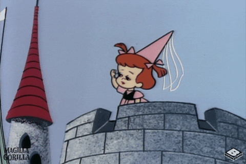Little girl on a castle roof using her hands to search into the distance wearing a pink pointy triangular hat with white veil