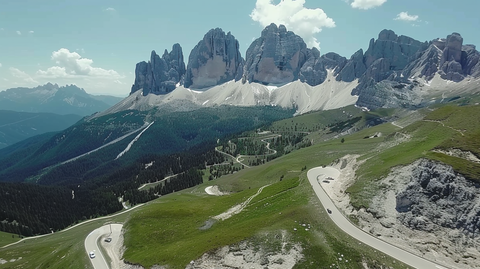 Hiking trail winding through the rocky terrain of the Dolomite Mountains surrounded by alpine flora.