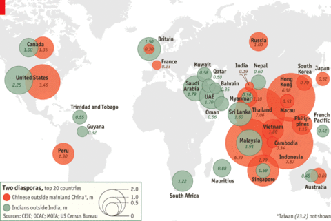 The Indian and Chinese diasporas, compared. (Click on the image to go to the original site.) Source: economist.com