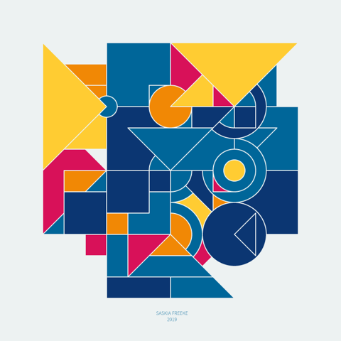 Various geometric shapes form a larger shape in a square composition in two shades of blue, yellow, orange, and red.