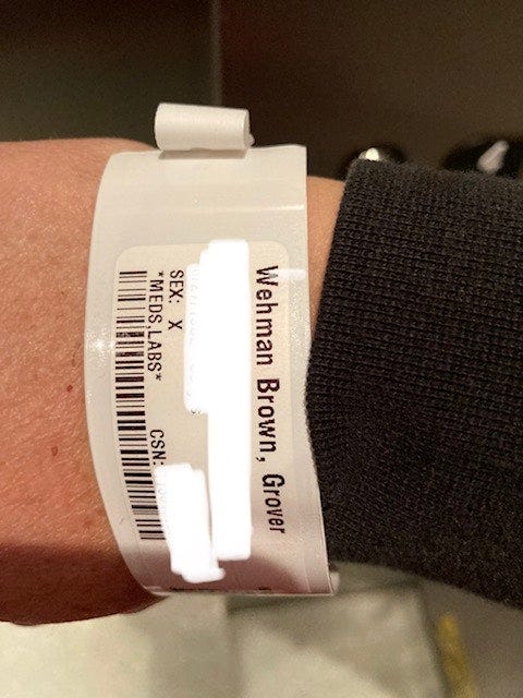 Image of a hospital bracelet with Grover’s name on it.